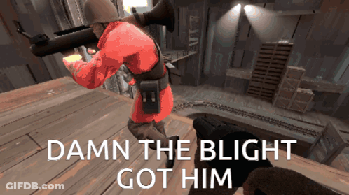Soldier In Red Uniform Holding Rocket Launcher Saying Damn The Blight Got Him GIF