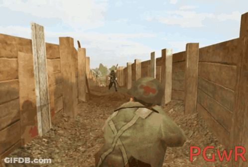 Soldier Running Through Trench With Red Cross Helmet GIF