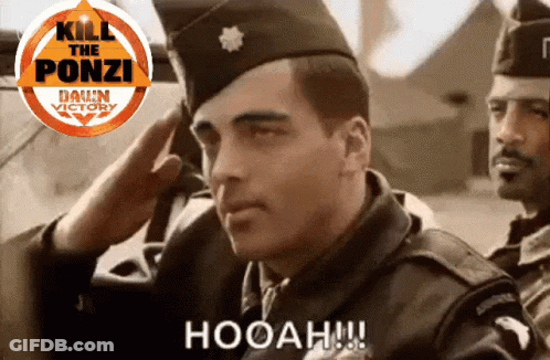 Soldier Saluting In Front Of Kill The Ponzi Logo GIF