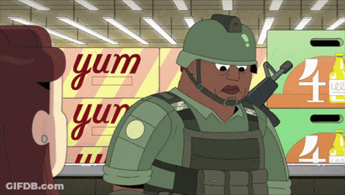Soldier Standing In Front Of Sign Saying Yum GIF