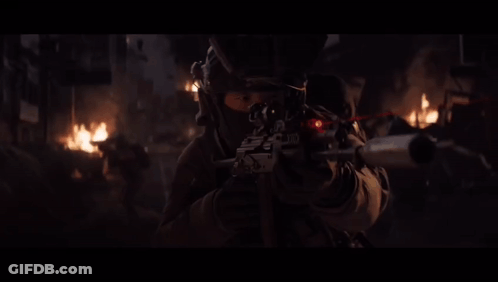 Soldier With Mask In Dark Room With Chinese Writing GIF