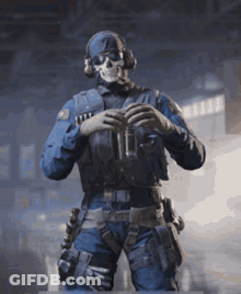 Soldier With Skull Mask Holding Beer GIF