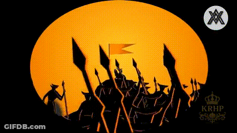 Soldiers Holding Spears In Front Of Large Sun With KRHP Logo GIF