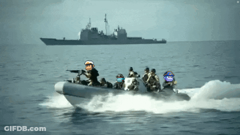 Soldiers In Boat With Ship In Background GIF