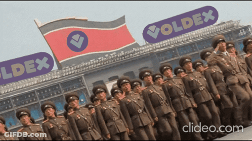 Soldiers In Front Of Voldex Sign GIF
