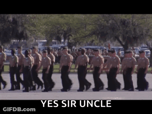 Soldiers Marching In A Line Saying Yes Sir Uncle GIF