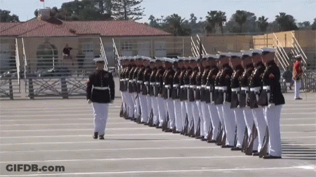 Soldiers Marching In A Row With Man In Front GIF