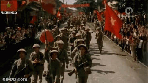 Soldiers Marching With Flags And Peace Night Sky Logo GIF