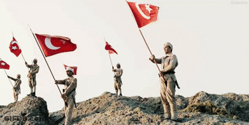 Soldiers On Rocky Hill Holding Flags GIF