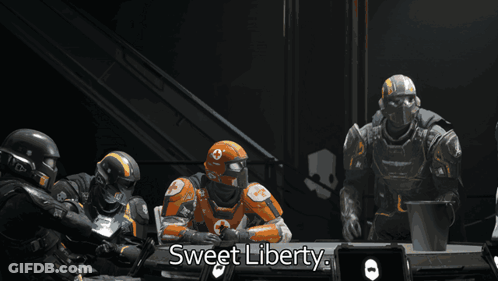Soldiers Sitting Around Table Saying Sweet Liberty GIF