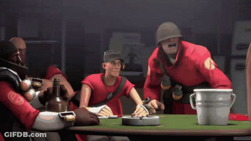 Soldiers Sitting Around Table With Ashtray And Bucket GIF