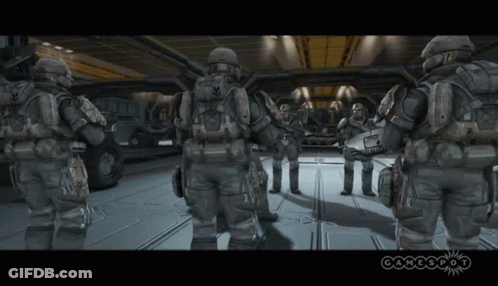 Soldiers Standing In Room With Gamespot GIF