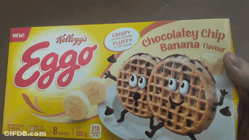 Someone Is Holding A Box Of Kellogg 'S Eggo Chocolate Chip Banana Flavour Waffles GIF