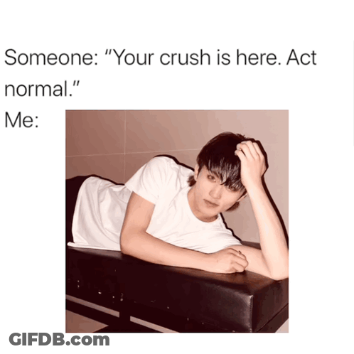 Someone Says " Your Crush Is Here Act Normal " Next To A Picture Of A Boy GIF