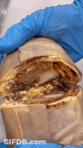 Someone Wearing Blue Gloves Is Holding A Burrito GIF