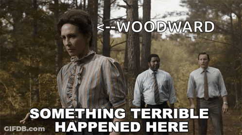 Something Terrible Happened Here Is Written Above A Woman In The Woods GIF