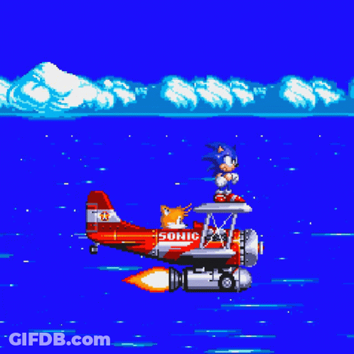 Sonic And Tails Flying In Red Airplane GIF