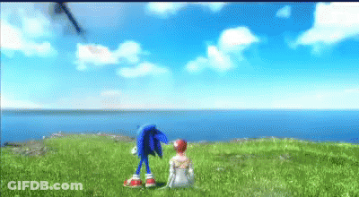 Sonic Hedgehog With Woman In Field By Ocean GIF