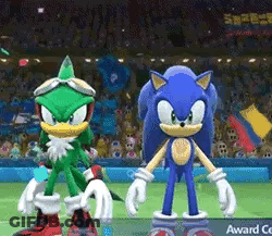 Sonic The Hedgehog And Jet The Hawk Are Standing Next To Each Other On A Tennis Court . GIF