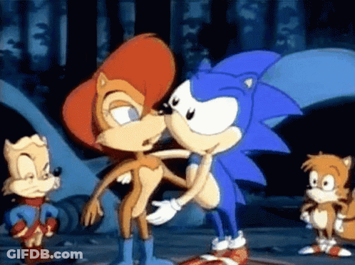 Sonic And Sally The Fox Kissing While Tails Watches GIF