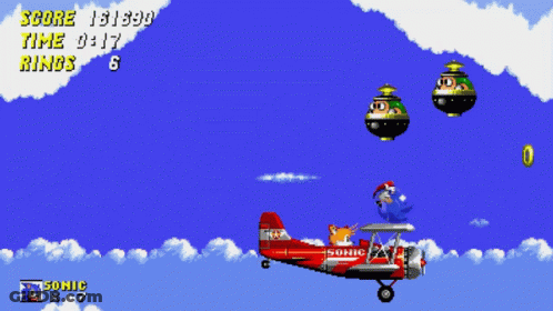 Sonic The Hedgehog Is Flying A Red Airplane In A Video Game With A Score Of 162380 GIF