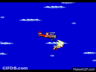 Sonic The Hedgehog Is Flying A Small Airplane In The Sky GIF