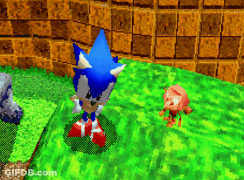 Sonic The Hedgehog Is Standing On A Grassy Hill Next To A Smaller Character GIF