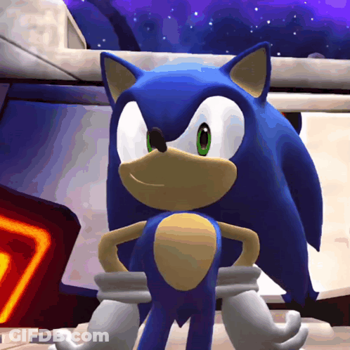 Sonic The Hedgehog Is Standing With His Hands On His Hips And Looking At The Camera GIF