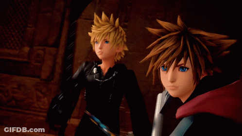 Sora And Axel Standing In Dark Room GIF