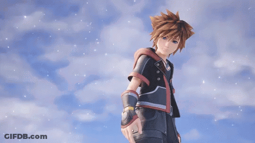 Sora From The Video Game Kingdom Hearts 3 Is Standing In Front Of A Blue Sky . GIF