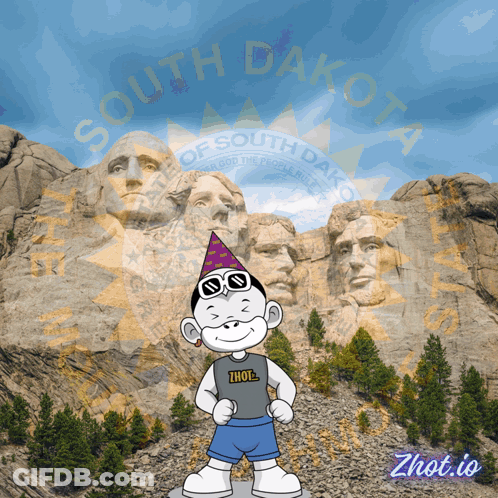South Dakota Poster Cartoon Character In Front Of Mountain GIF