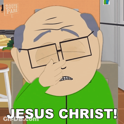 South Park Character Covering Nose Saying Jesus Christ GIF