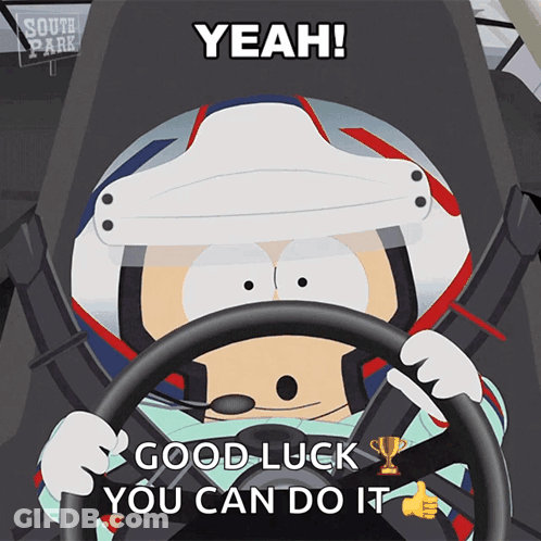 South Park Character Driving Car Saying Good Luck GIF