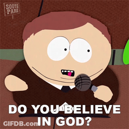 South Park Character Holding Microphone Asking About God GIF