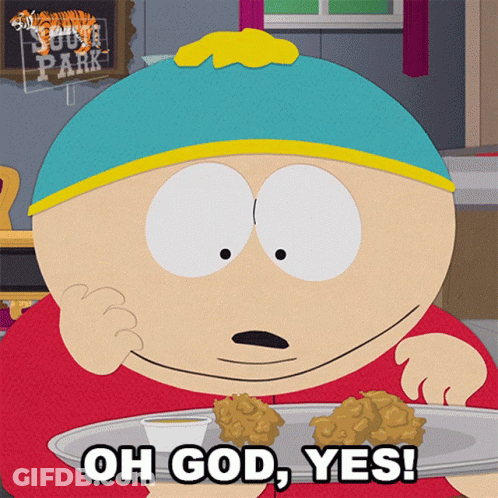 South Park Character Holding Plate Saying Oh God Yes GIF