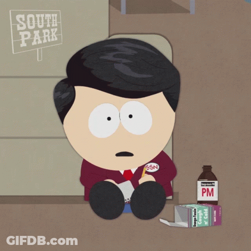 South Park Character Next To PM Medicine Bottle GIF