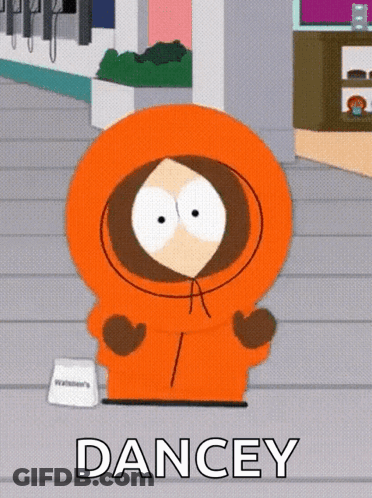 South Park Character Saying Dancey On Sidewalk GIF