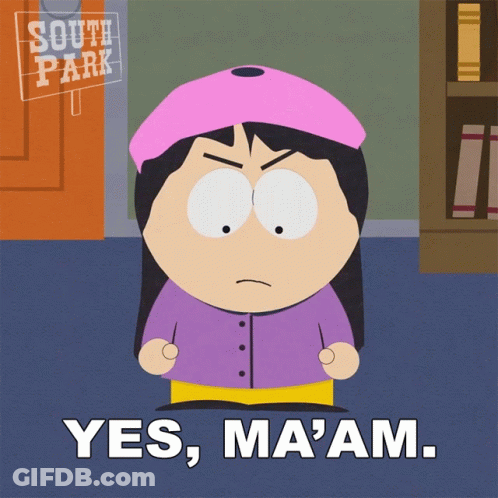 South Park Character Saying Yes Ma Am GIF