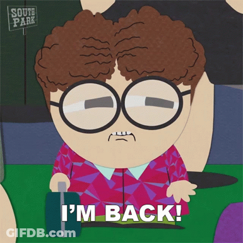 South Park Character Says I'm Back Holding Suitcase GIF