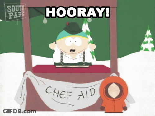 South Park Character Standing In Front Of Chef Aid Sign GIF