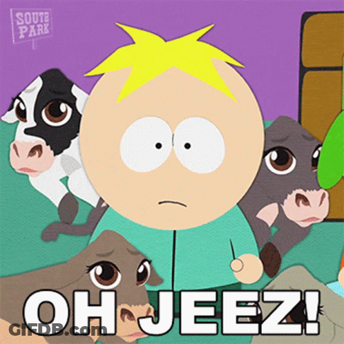 South Park Character Surrounded By Cows Saying Oh Jeez GIF