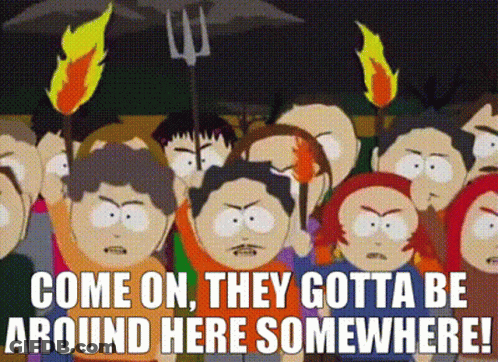 South Park Characters Holding Umbrellas And Trident In Crowd GIF