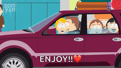 South Park Characters In Purple Car GIF