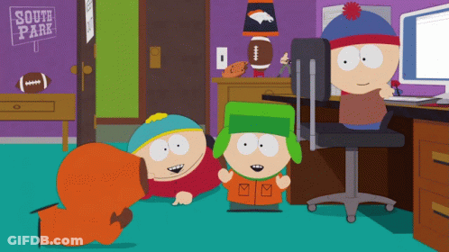 South Park Characters In Room With Sign GIF
