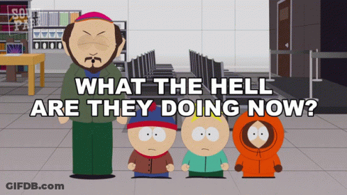 South Park Characters Saying What The Hell Are They Doing Now GIF