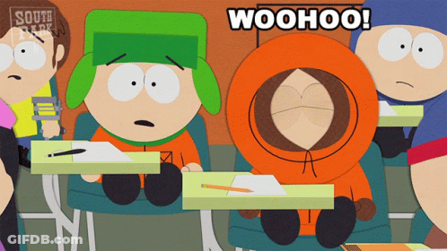 South Park Characters Sitting At Desks Saying Woohoo GIF