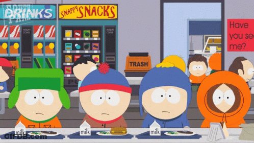 South Park Characters Sitting At Table With Snacks And Drinks GIF