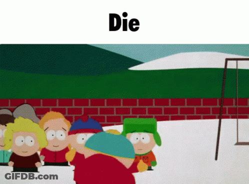 South Park Characters Standing In Front Of Brick Wall With Die Above GIF