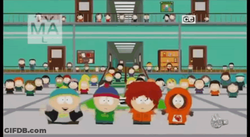 South Park Characters Standing In Hallway With TV MA Logo GIF