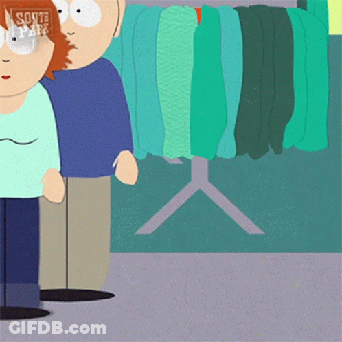 South Park Characters Standing Next To Clothes Rack GIF